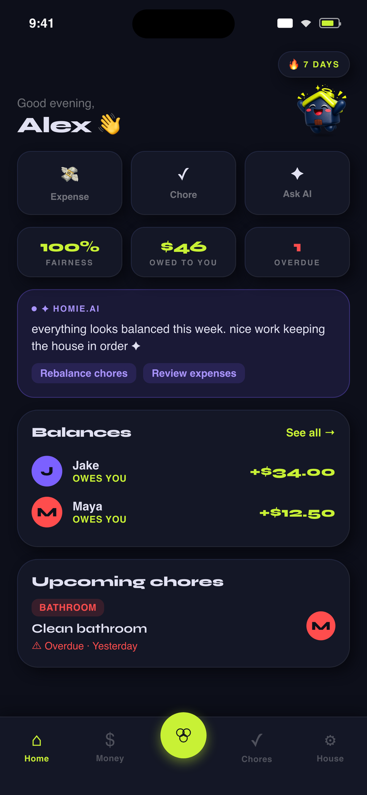homies app home screen showing balances, chores and the homie.ai card